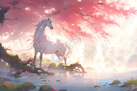 一匹白马在樱花树下背景图片