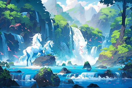 奔腾的瀑布与白马背景图片