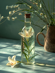 玻璃瓶上的小百合花背景图片