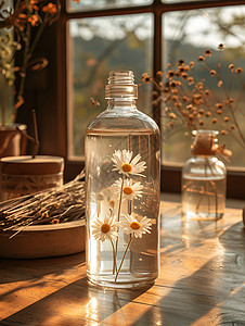 玻璃瓶荷花装饰水晶瓶里的小雏菊设计图片