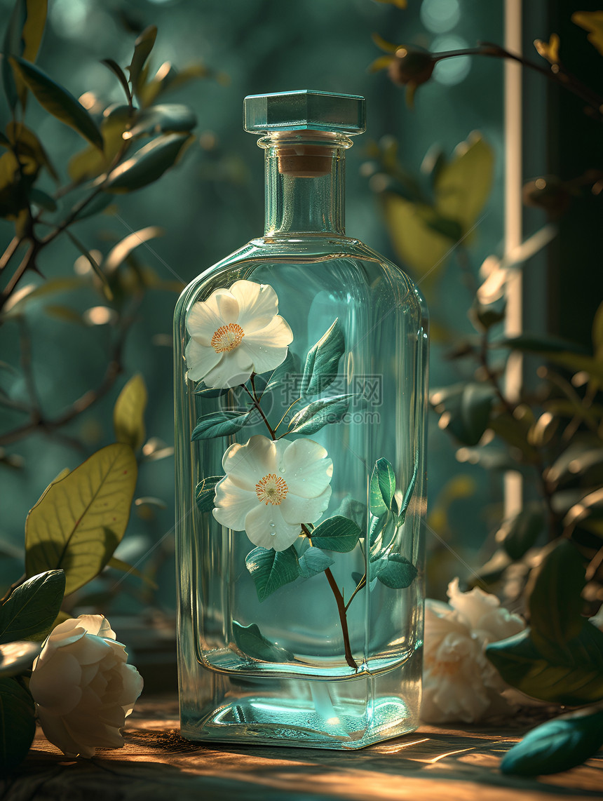 透明玻璃瓶中的花朵图片