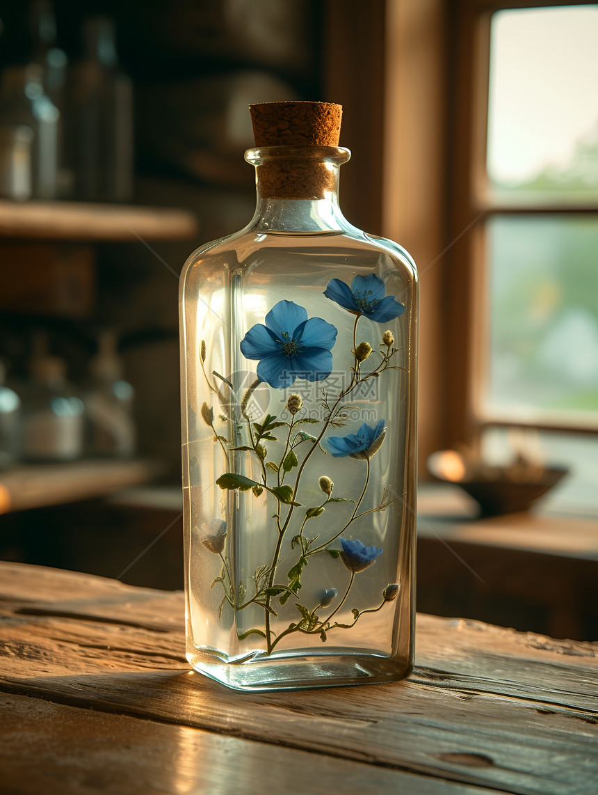 玻璃瓶上绘有花朵图案图片