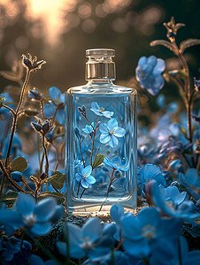 瓶子里的液体瓶子里的蓝色花朵设计图片