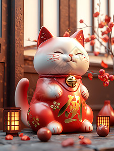 红铃铛猫可爱的小红猫插画