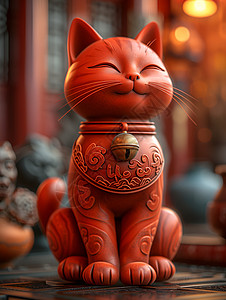 猫咪耳朵静坐的红色猫砂插画