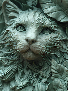 猫神雕塑与绿叶装饰背景图片