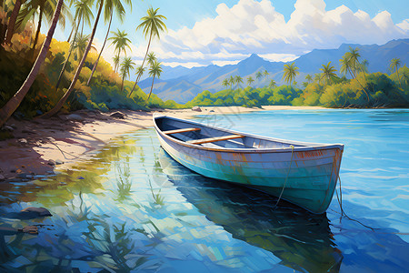 小船和椰树背景图片