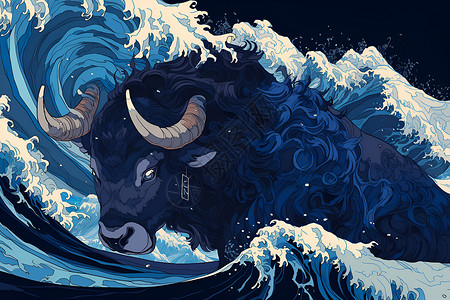 海动物素材海啸中的魔幻牛插画