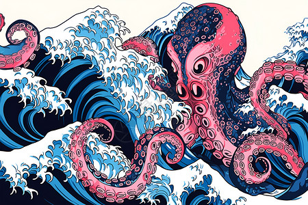铁板八爪鱼海洋中的章鱼波浪插画