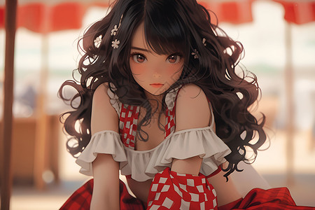 红白格子裙子的优雅少女高清图片