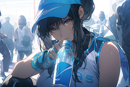 运动装美女穿着蓝色运动装的女孩伸出一个饮水瓶插画