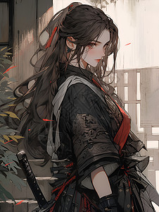 美女黑色背景穿着黑色汉服的优雅女战士插画