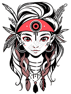 波西米亚民族风戴羽毛头饰的女孩插画