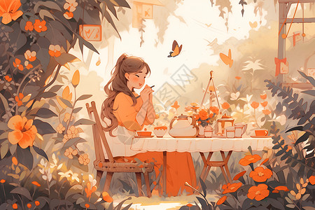 喝茶的女子花园里的女子插画
