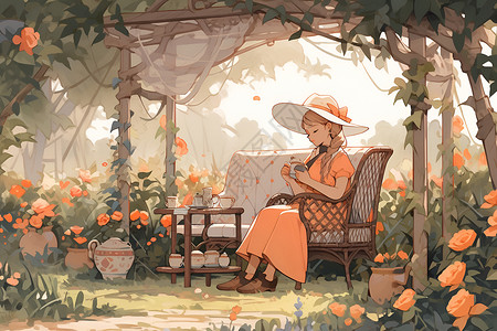 花园咖啡花园里静坐的女孩插画