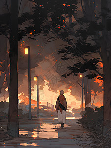 道路路灯夕阳下的公园漫步插画