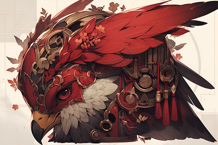 炫酷装饰光效鸟头上有红色翅膀背装饰插画