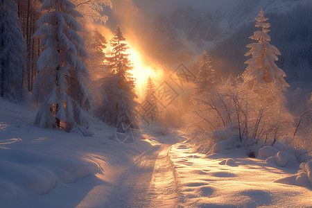 阳光照耀下的晶莹雪景高清图片