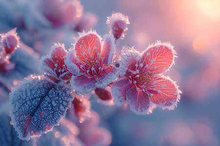 雪中白色树枝树枝上带霜的花背景