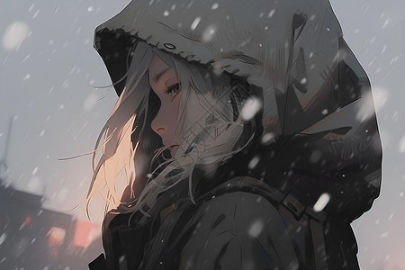 暴风雪动漫雪中思考的女孩插画