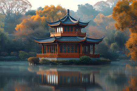 水上的中国亭背景图片