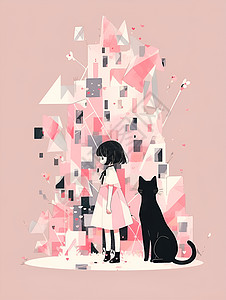少女与猫几何插画背景图片
