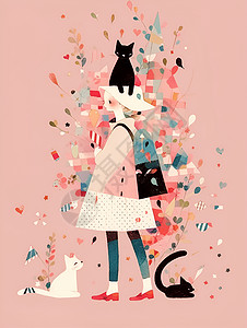 女孩与猫咪的彩绘世界背景图片