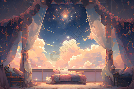 窗帘床梦幻的卧室插画