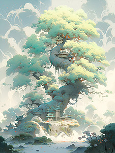 梦幻的古树插画背景图片