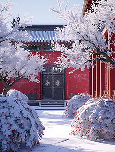 中国宫殿的冬季风景背景图片