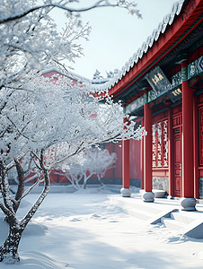 中国雪景中国宫殿的雪景背景