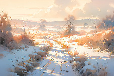 阳光下的雪地冬日暖阳下的田园风光插画