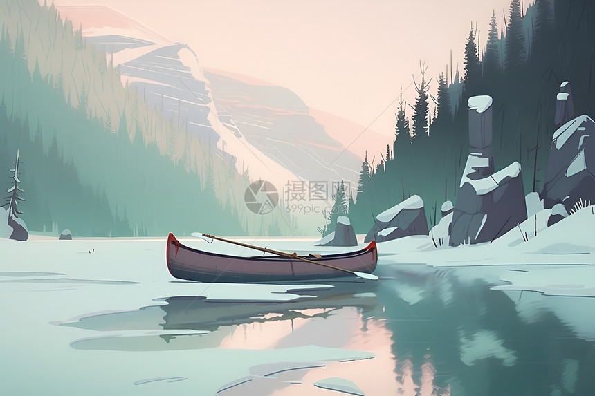 冬日宁静湖上独自行驶的小船图片
