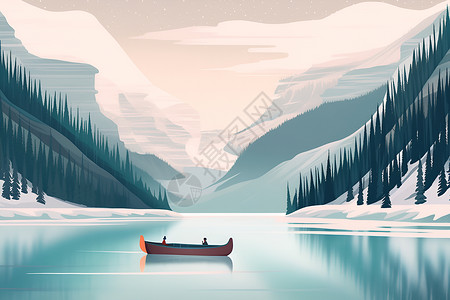 冬日宁静湖上一艘独木舟背景图片