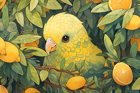 一只栖息在柠檬树上的鹦鹉背景图片