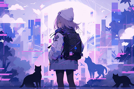 紫色画布上的女孩与猫背景图片