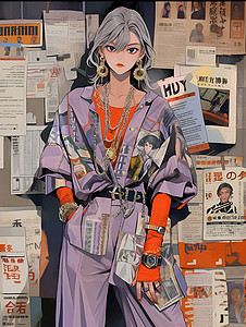 职业装写真时尚美女站在报纸墙前插画
