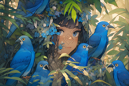 蓝鸟与少女背景图片