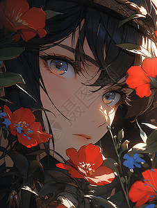 红色花朵围绕的女孩背景图片