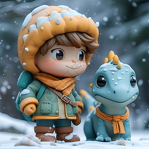 冬季的男孩和玩具恐龙背景图片