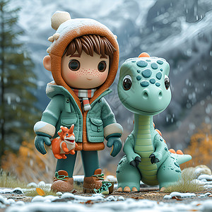 可爱的恐龙玩具冬季雪地里的男孩玩具插画