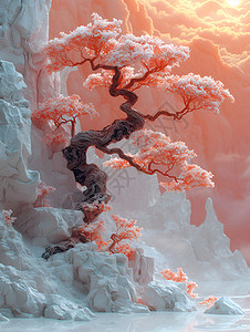 云雾中的粉色树木背景图片