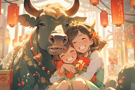 喜庆女孩与牛背景图片