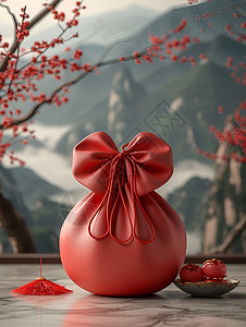 传统漆器工艺红色中国福袋设计图片
