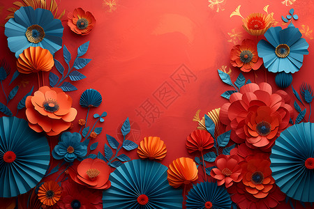 红色背景上的花与扇背景图片