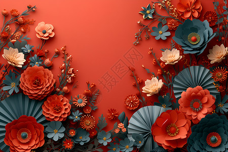 红色背景上的花朵和纸扇背景背景图片