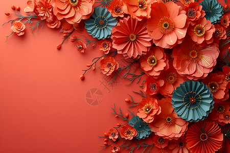 红色花朵与纸扇的剪纸艺术高清图片