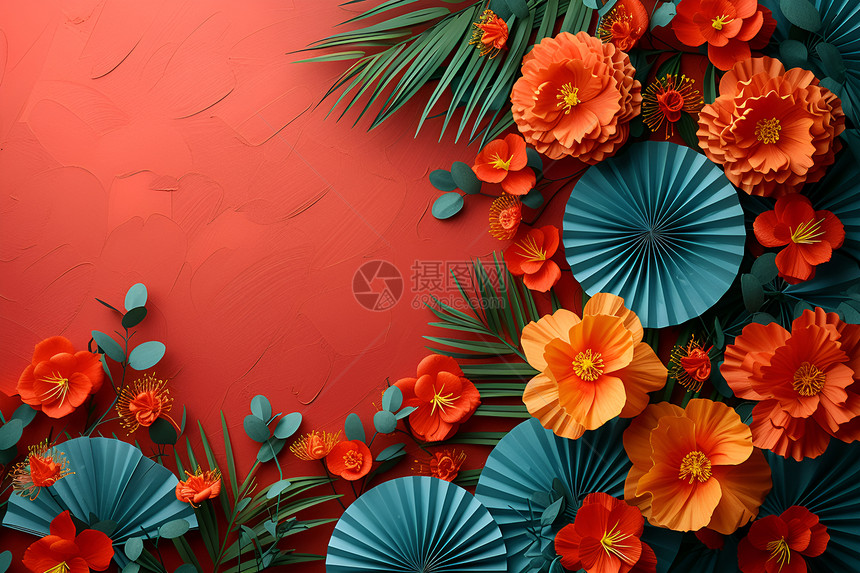 艳红背景上的花朵和纸扇图片