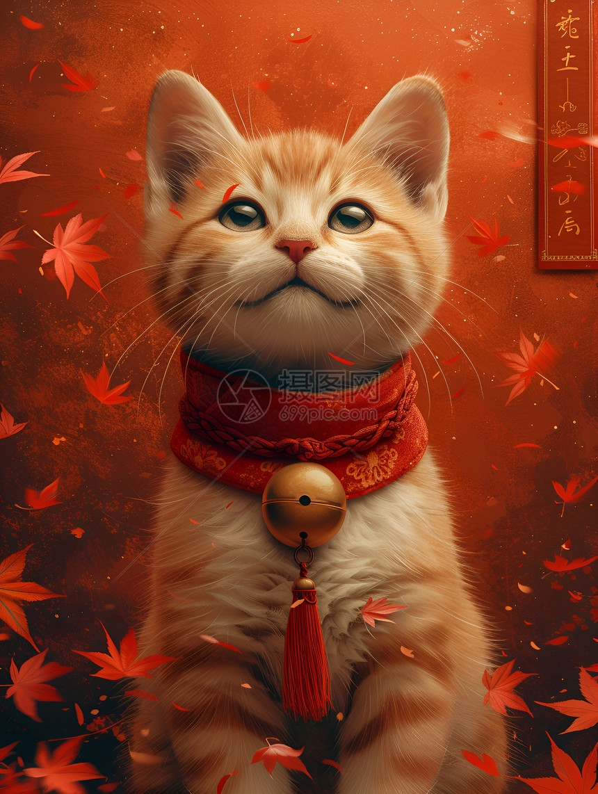 戴着红围巾的猫坐在红叶间图片