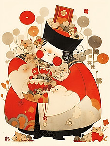 包皮过长财神手持金元宝白色背景中的平面传统中国版画描绘（标题过长）插画